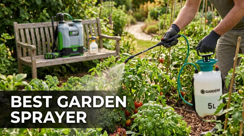 Person using a garden sprayer to water plants in a lush garden setting.