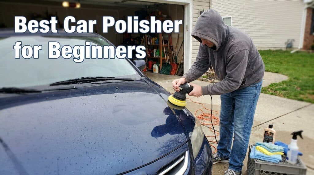Beginner-friendly car polisher being used on a blue vehicle outdoors.