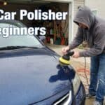 Beginner-friendly car polisher being used on a blue vehicle outdoors.
