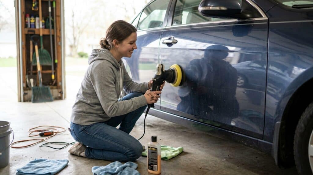 real car enthusiast polishing a car
