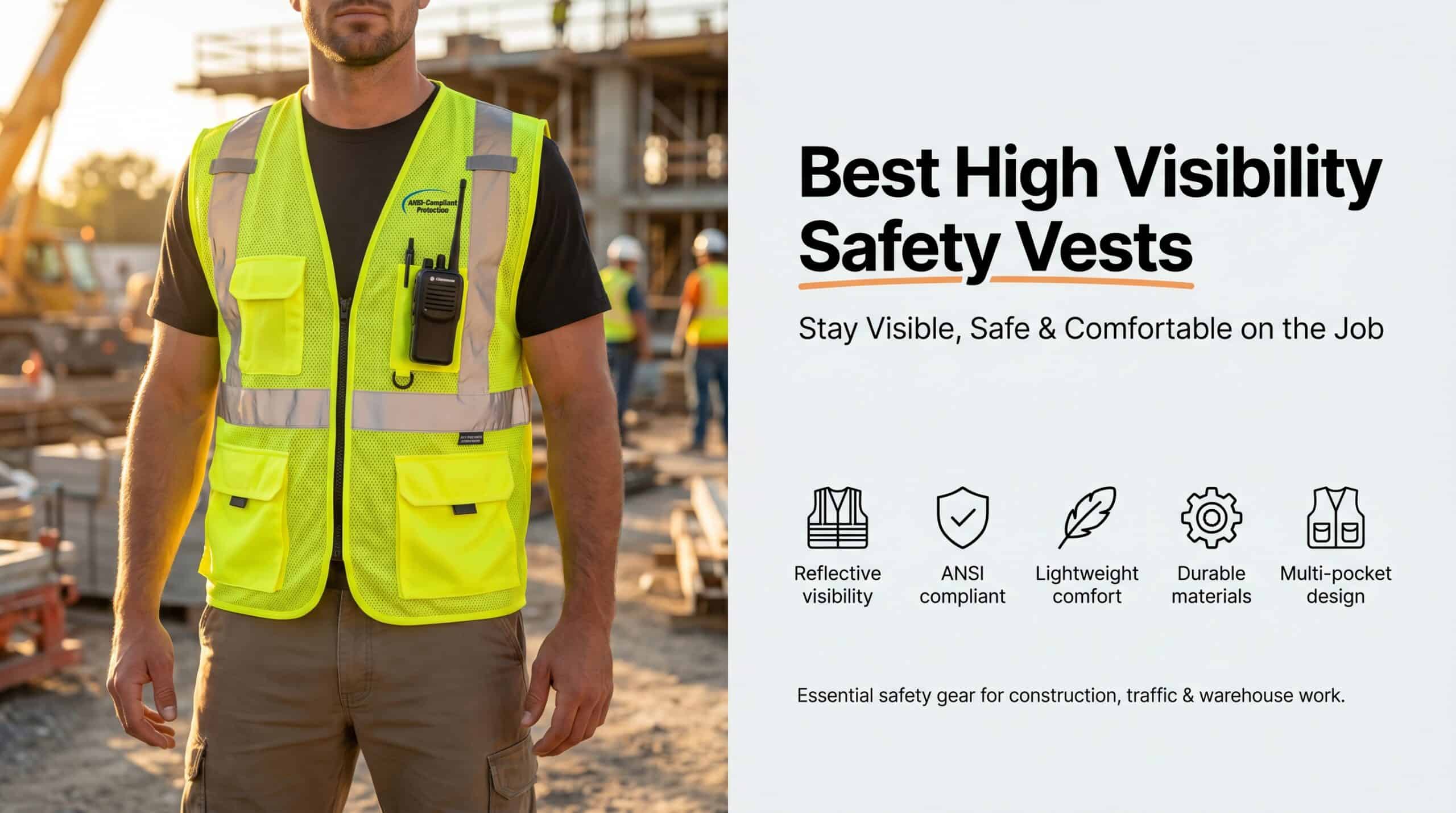 High Visibility Safety Vests for Construction and Worksites.