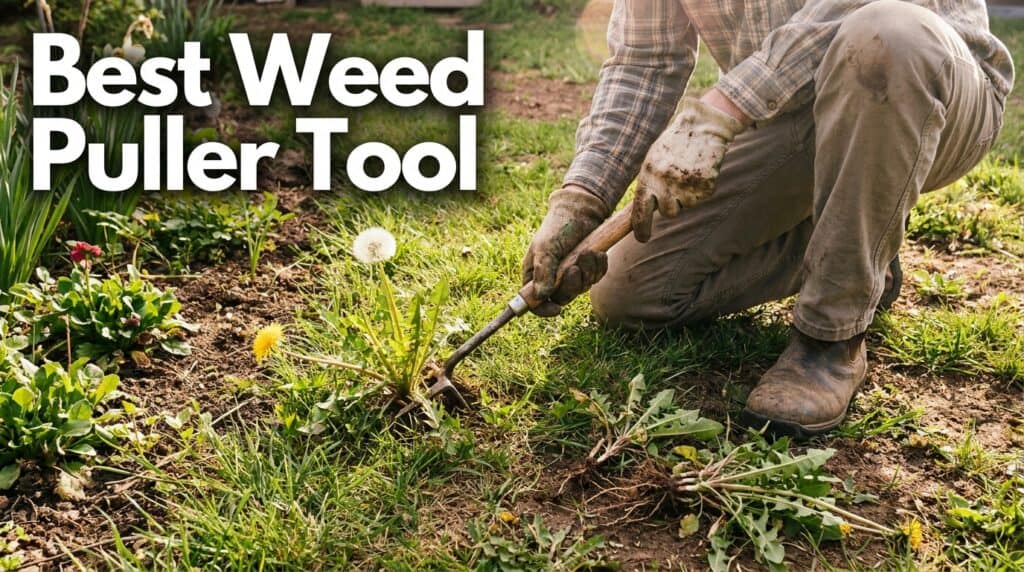 Person using a weed puller tool in a garden to remove weeds effectively.