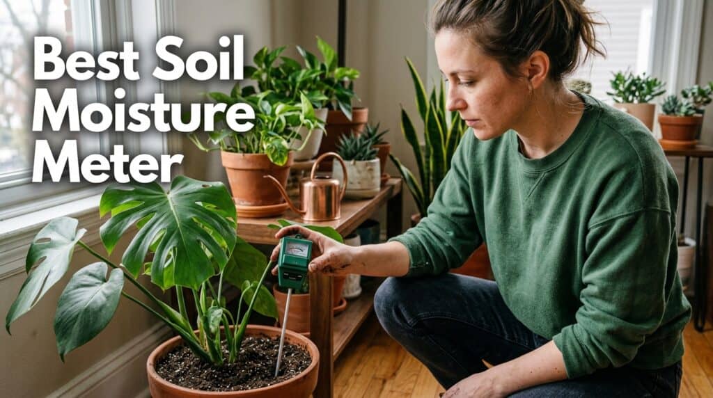 Soil moisture meter in use by woman measuring plant soil moisture levels indoors.