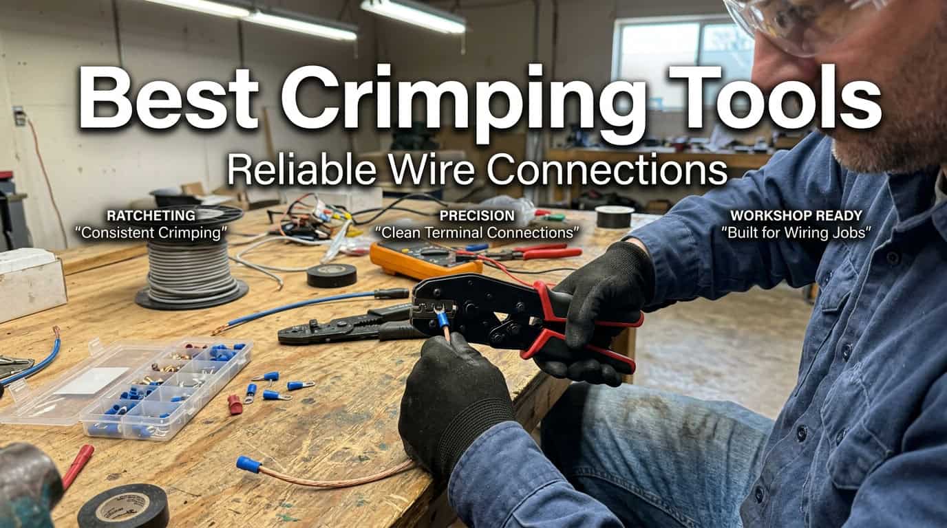 Person using crimping tool on wire in workshop setting.