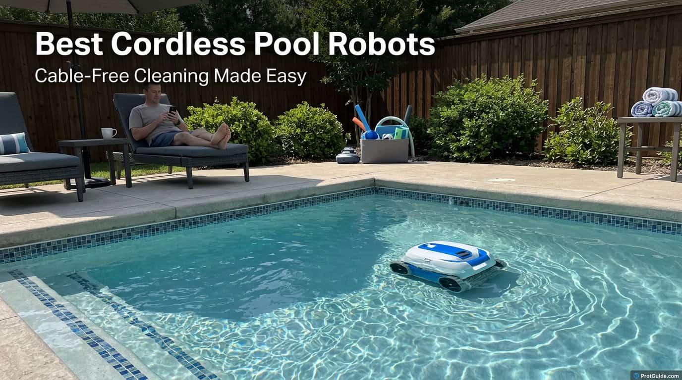 Cordless pool robot cleaning a backyard pool with a person relaxing nearby.