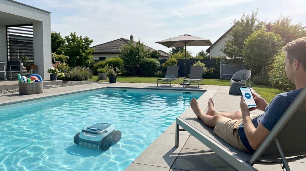 Automated pool cleaner robot floating in a backyard pool with a person relaxing nearby.