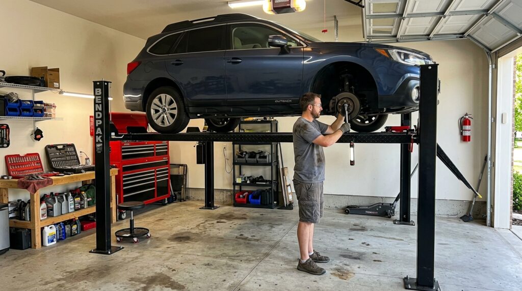 Automobile on hydraulic lift in garage with mechanic working underneath.