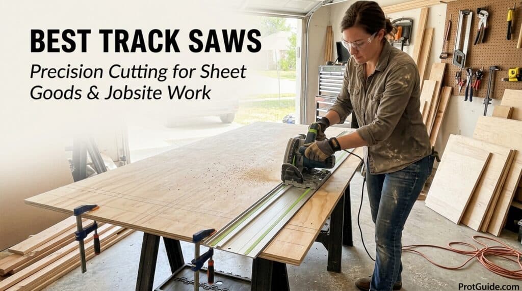 Woman using a track saw on a large wooden board in a workshop.