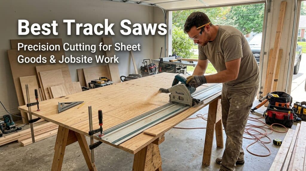 Man using a track saw for precise sheet cutting in a woodworking shop.