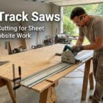 Man using a track saw for precise sheet cutting in a woodworking shop.