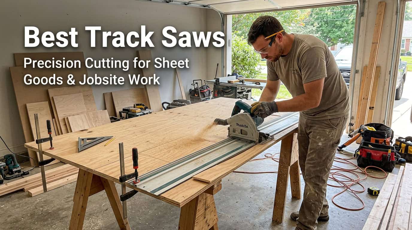 Man using a track saw for precise sheet cutting in a woodworking shop.