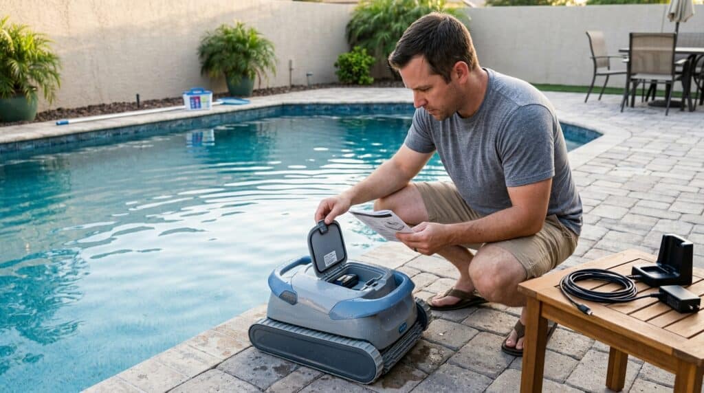 Man operating a robotic pool cleaner by the poolside.