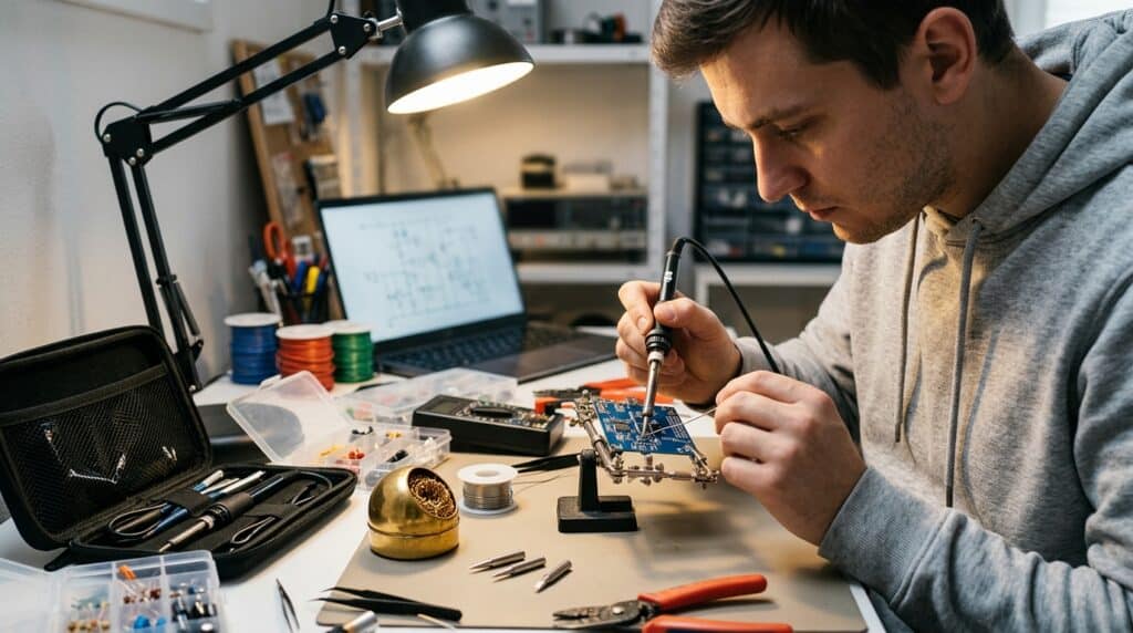 Young man working on electronic circuit at a cluttered desk, soldering components.