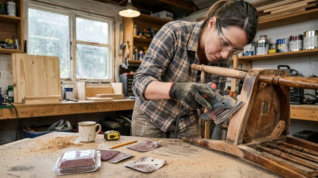 Woodworker sanding a wooden piece with a power sander in a workshop.