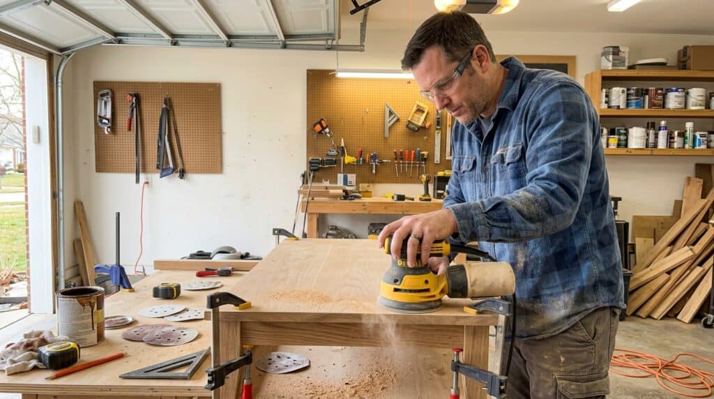 Woodworking man sanding a wooden board in workshop for furniture or carpentry projects.