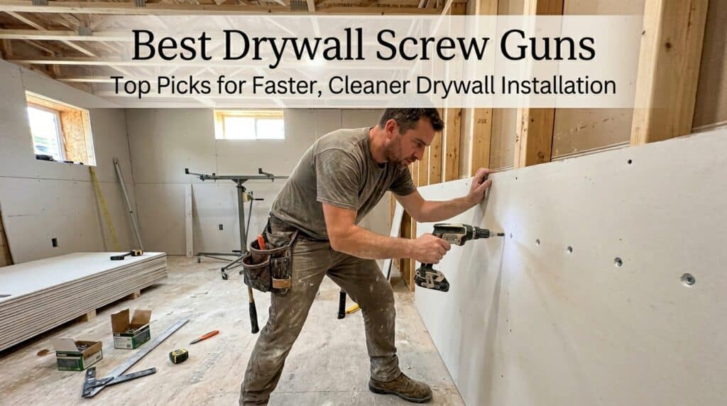 Man using drywall screw gun for drywall installation in construction site.