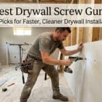 Man using drywall screw gun for drywall installation in construction site.