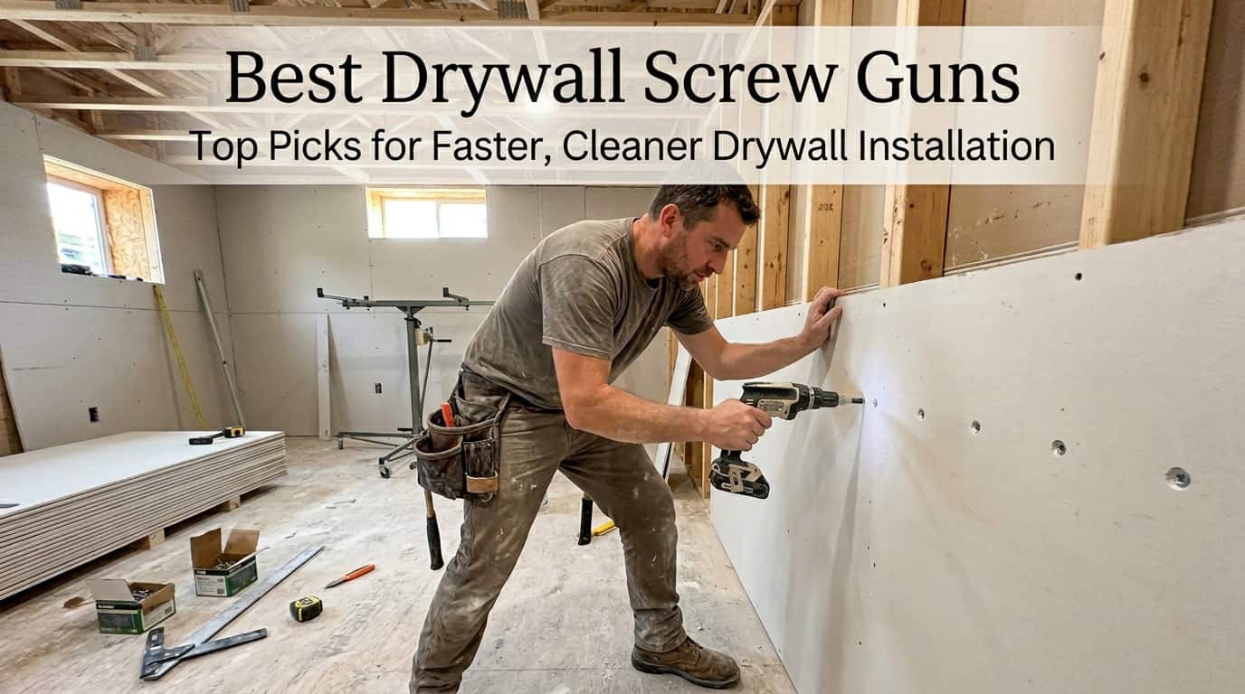 Man using drywall screw gun for drywall installation in construction site.