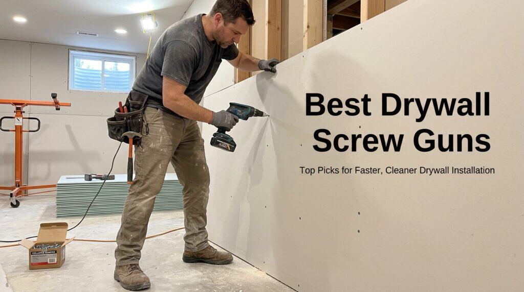 Man using drywall screw gun for drywall installation in construction site.