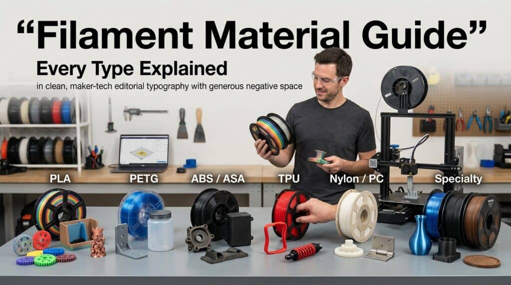 Comprehensive guide to filament materials like PLA, PETG, ABS, TPU, and Nylon for 3D printing.