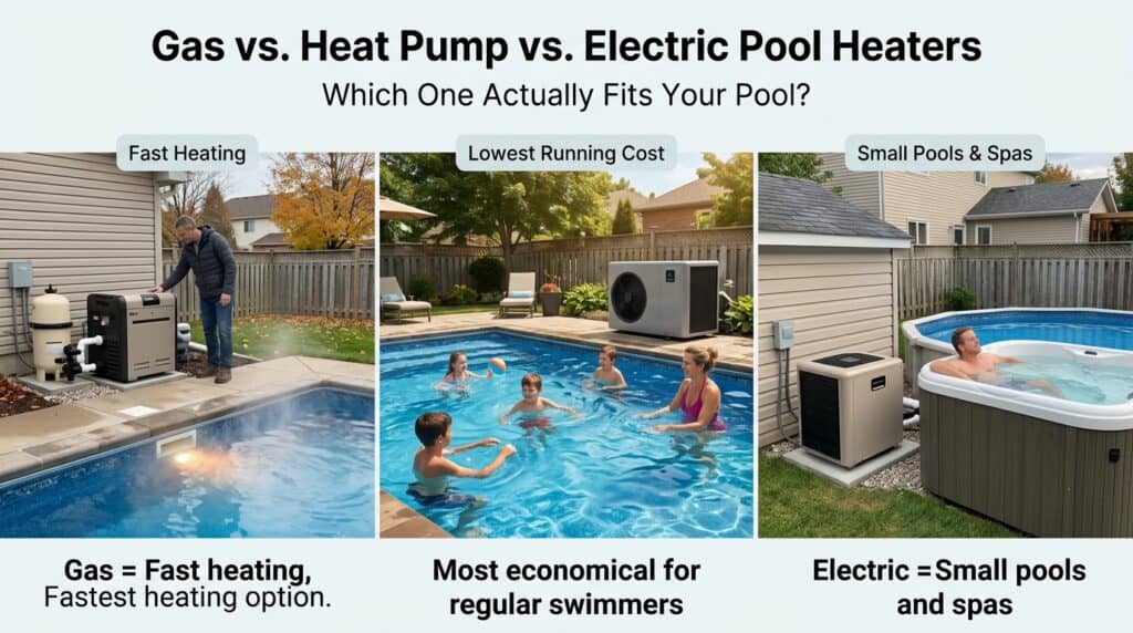Gas, heat pump, and electric pool heaters comparison for efficiency and cost.