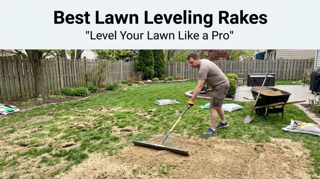Man using a lawn leveling rake to even out soil in backyard.