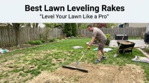 Man using a lawn leveling rake to even out soil in backyard.