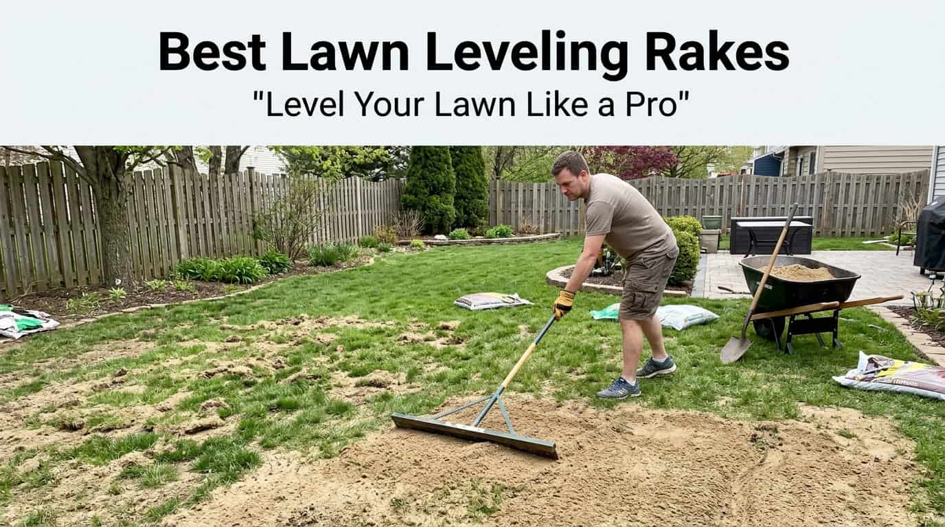 Man using a lawn leveling rake to even out soil in backyard.