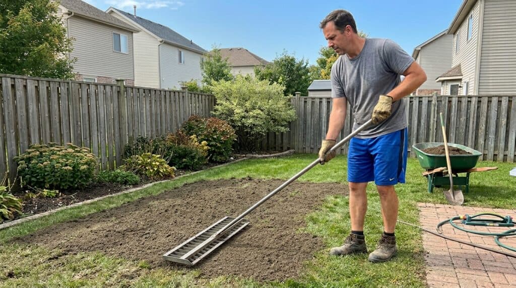 Man leveling soil in backyard with a lawn leveling rake.