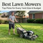 Man mowing a lush green lawn with a push lawn mower in a suburban backyard.