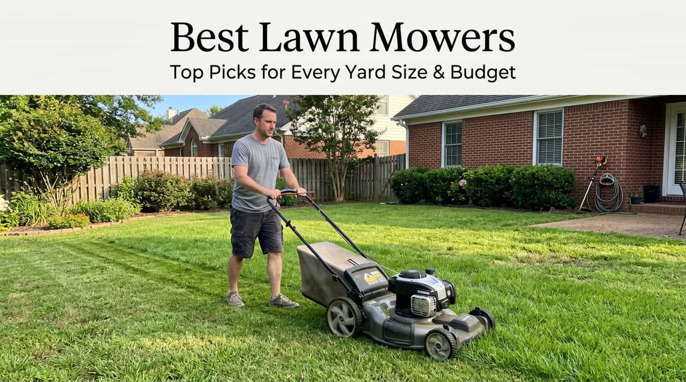 Man mowing a lush green lawn with a push lawn mower in a suburban backyard.