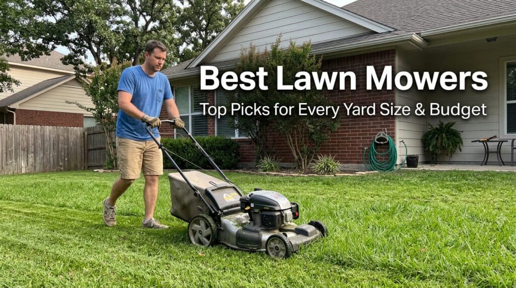 Man mowing lush green lawn with a push lawn mower in a suburban yard.