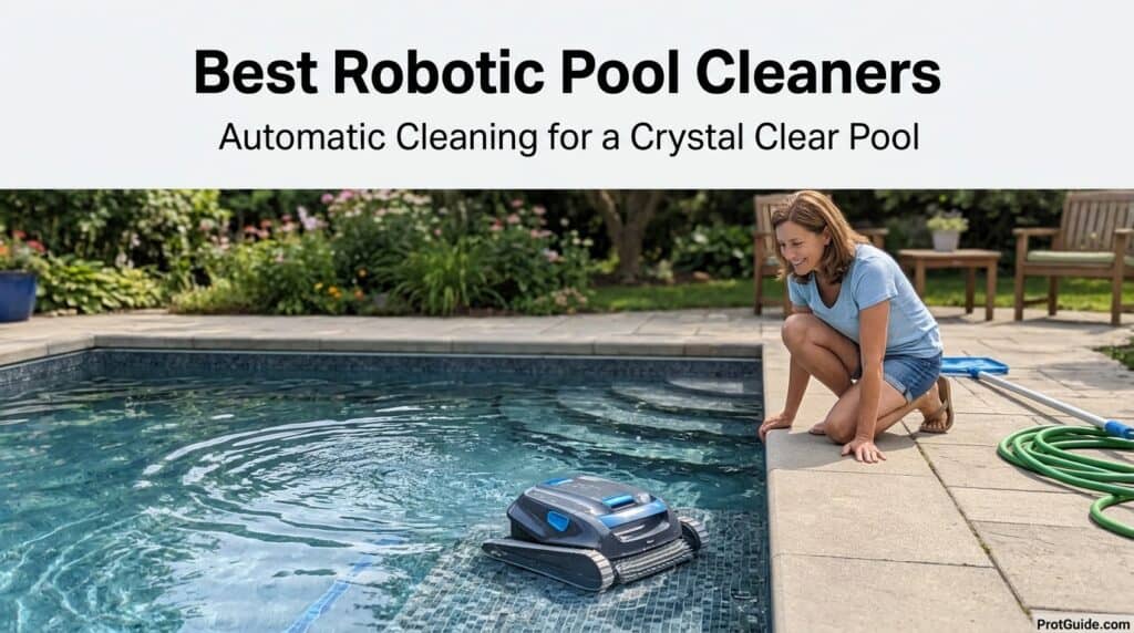 Woman using robotic pool cleaner in backyard pool.