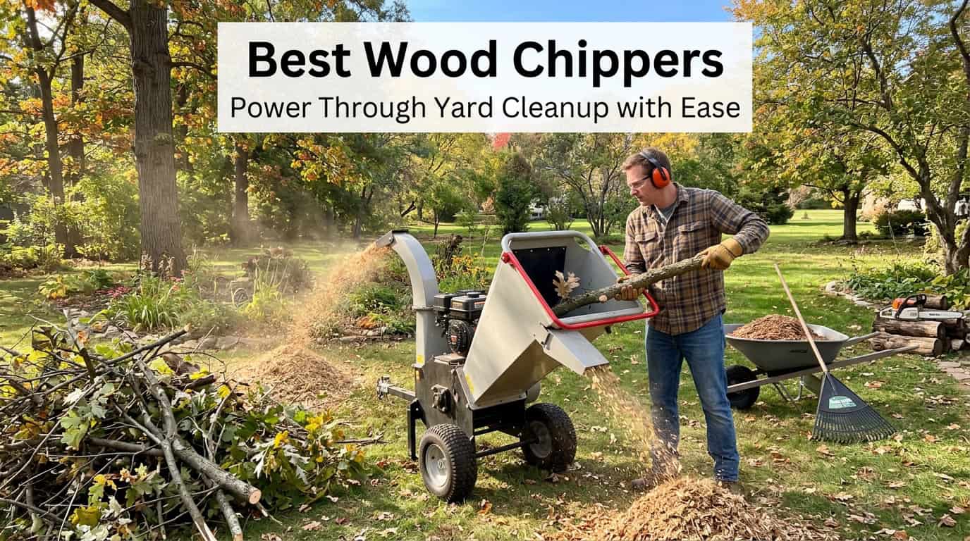 Man using a wood chipper in a park for yard cleanup.