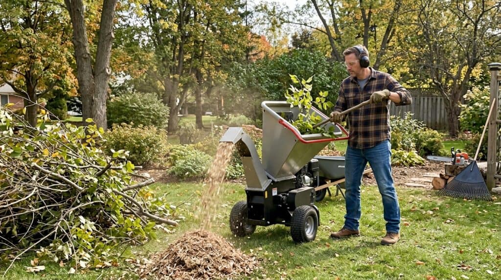 Man operating a wood chipper in a backyard garden during fall.