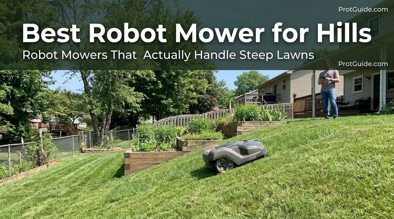 Robot mower on a sloped lawn with a person in the background.