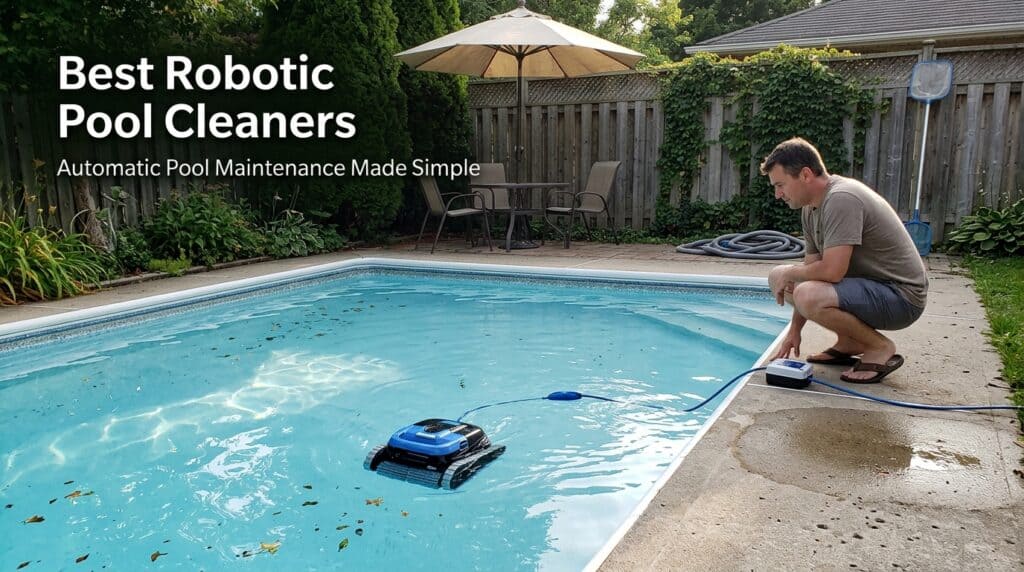 Man using robotic pool cleaner in backyard pool for easy maintenance.