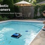 Man using robotic pool cleaner in backyard pool for easy maintenance.