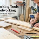 Woodworker using marking tools on wooden planks in a workshop setting.