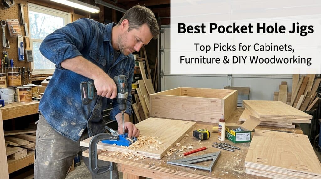 Man using a drill on wood in woodworking shop for DIY projects.