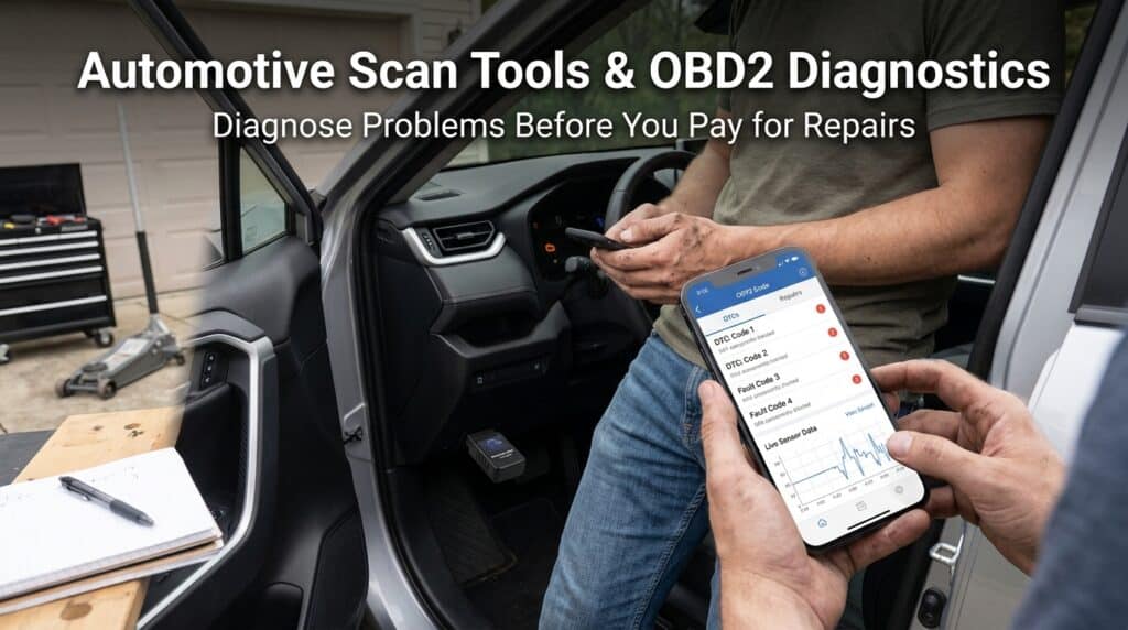 Man using automotive scan tool inside a vehicle for diagnostics.