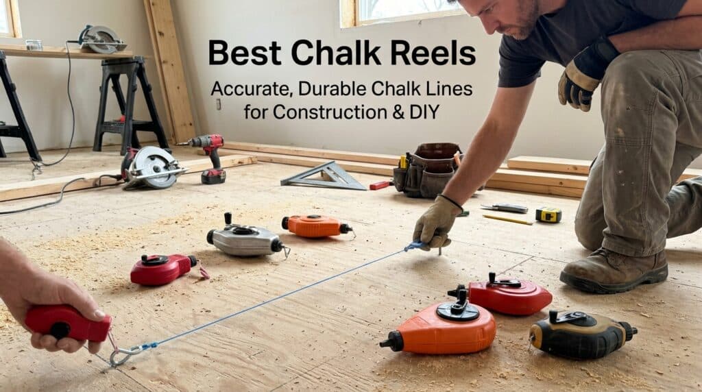 Worker using chalk reel for construction marking on wooden floor.