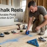 Man using chalk reel on construction site for accurate marking.