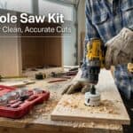 Person using a cordless drill with a hole saw attachment on wood.