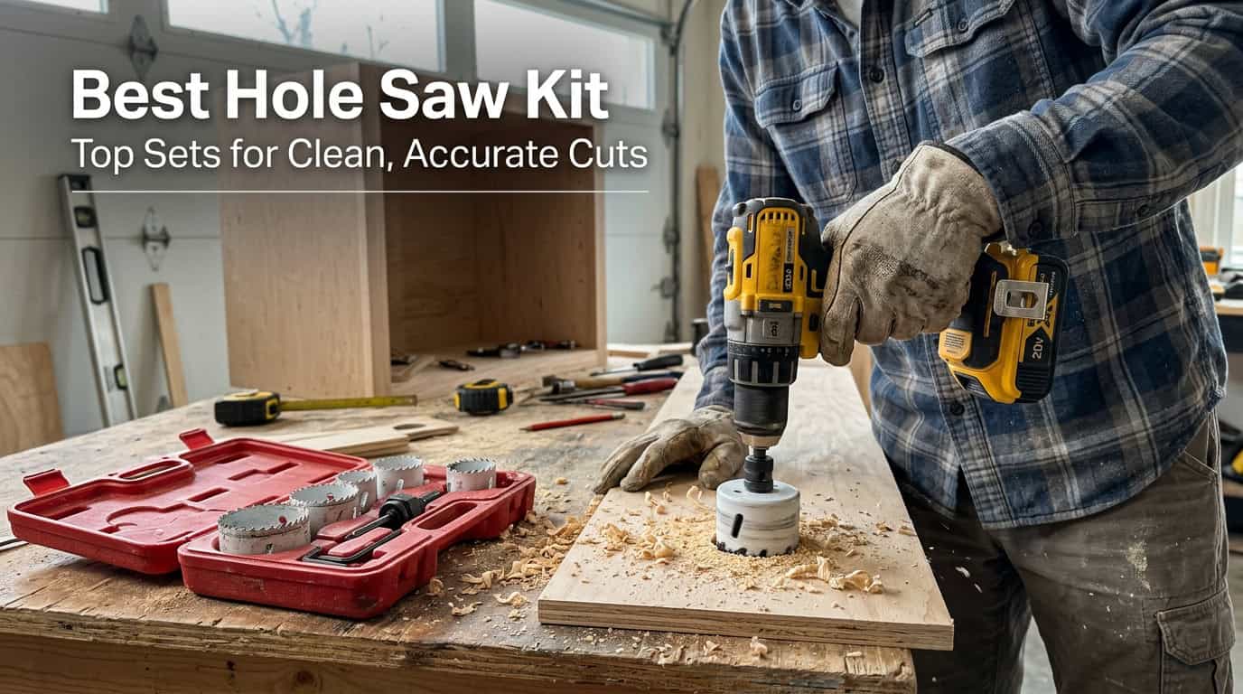Person using a cordless drill with a hole saw attachment on wood.