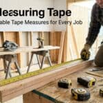 Worker measuring wood with a tape measure in a construction site.