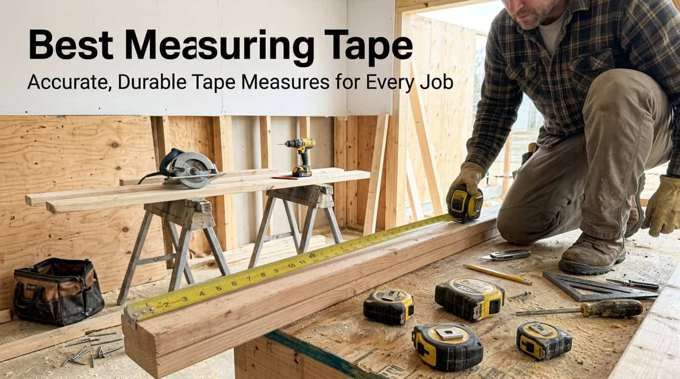 Worker measuring wood with a tape measure in a construction site.