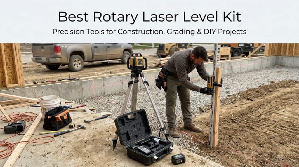 Professional worker using rotary laser level on construction site.