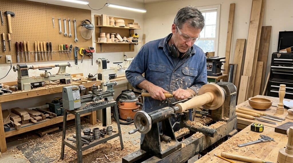 Man shaping wood on a lathe in a woodworking shop.