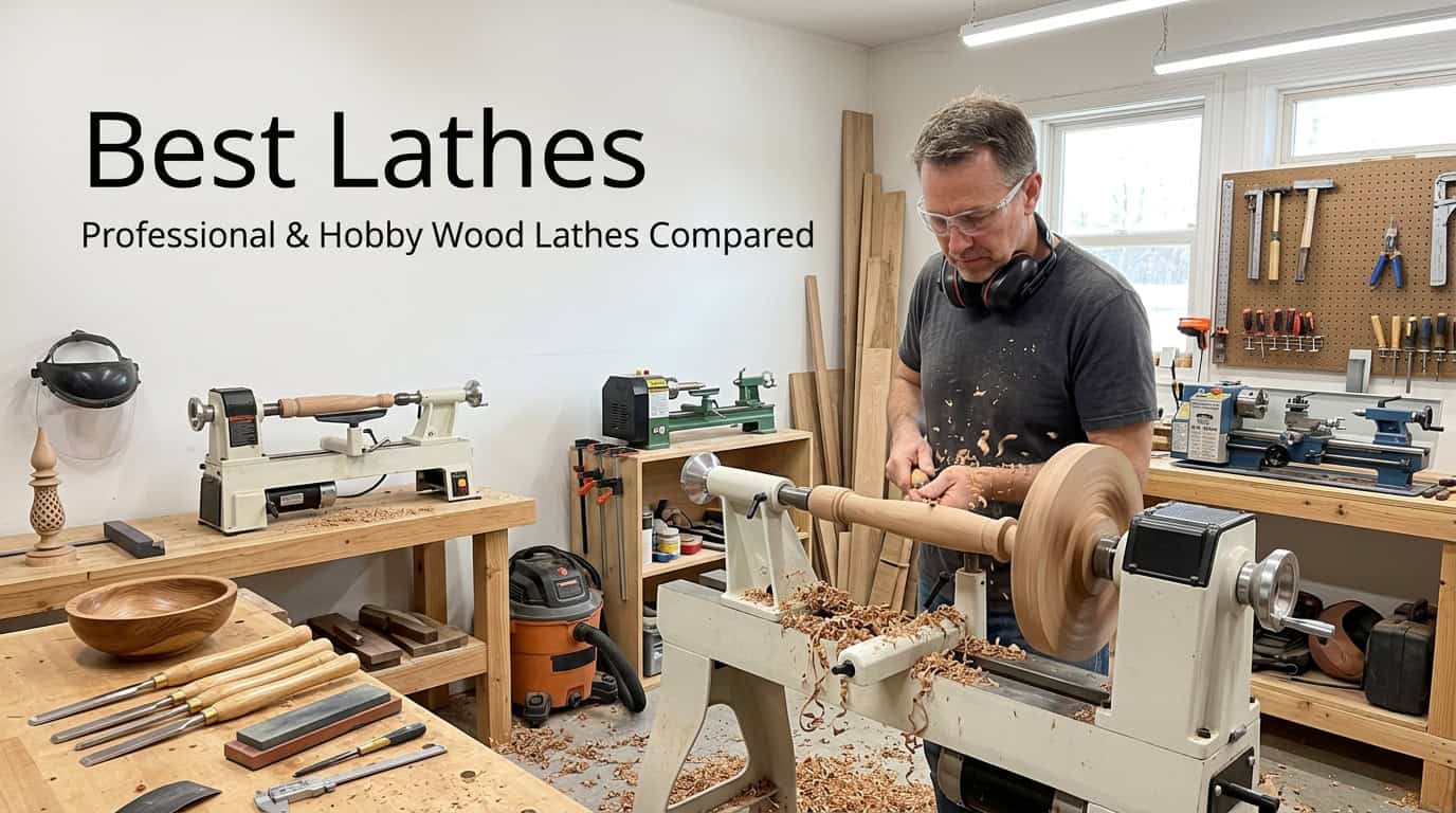 Man using a wood lathe in a workshop for woodworking projects.